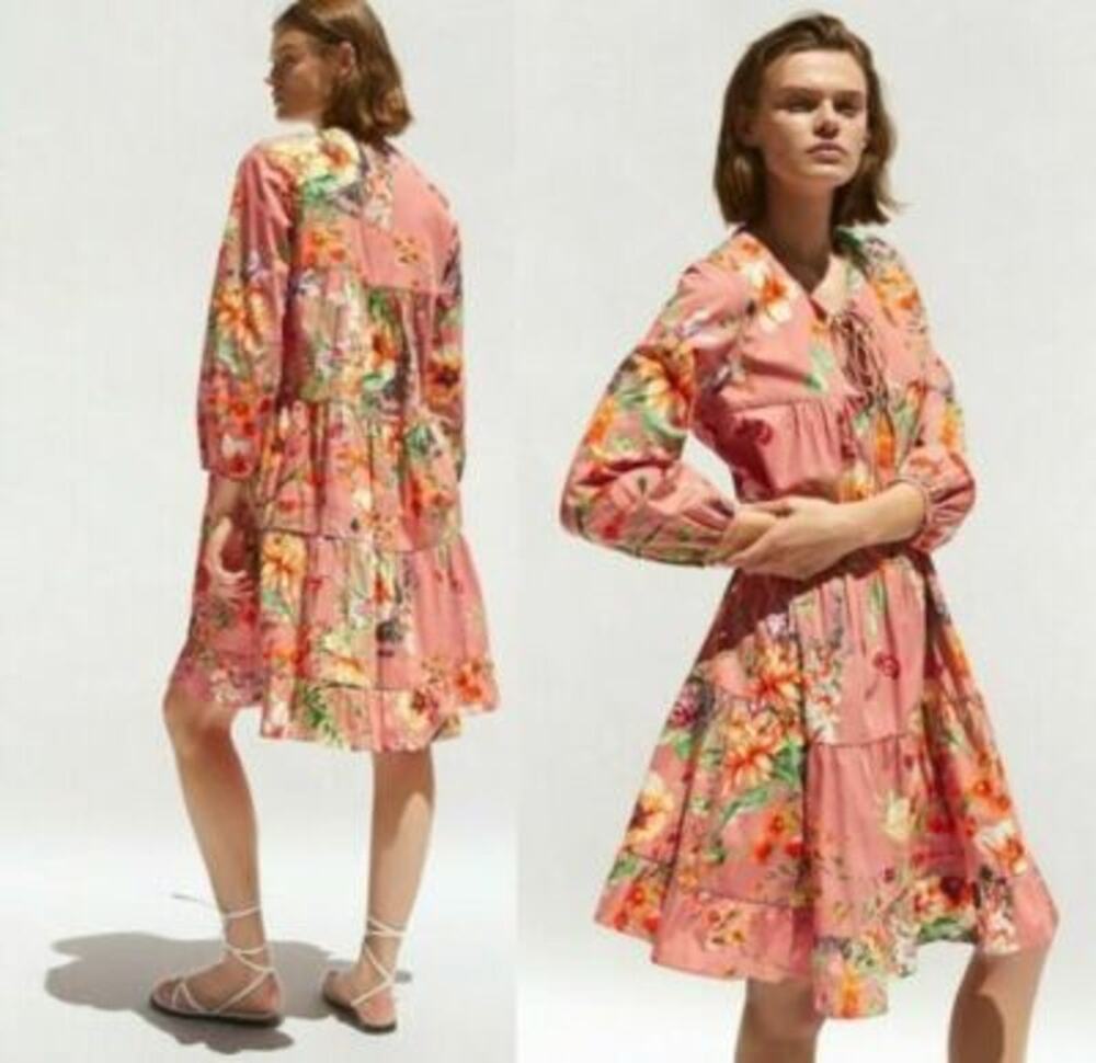 ZARA NWOT100% Cotton Poplin Floral Tiered Blouson Long Sleeves Loose Dress XXL